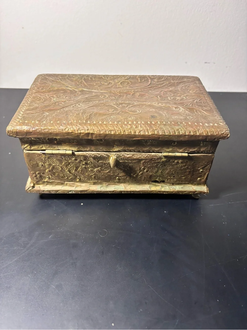 Vintage Embossed Metal Trinket Box, Hinged Lid, Latch, Velvet Lined Interior